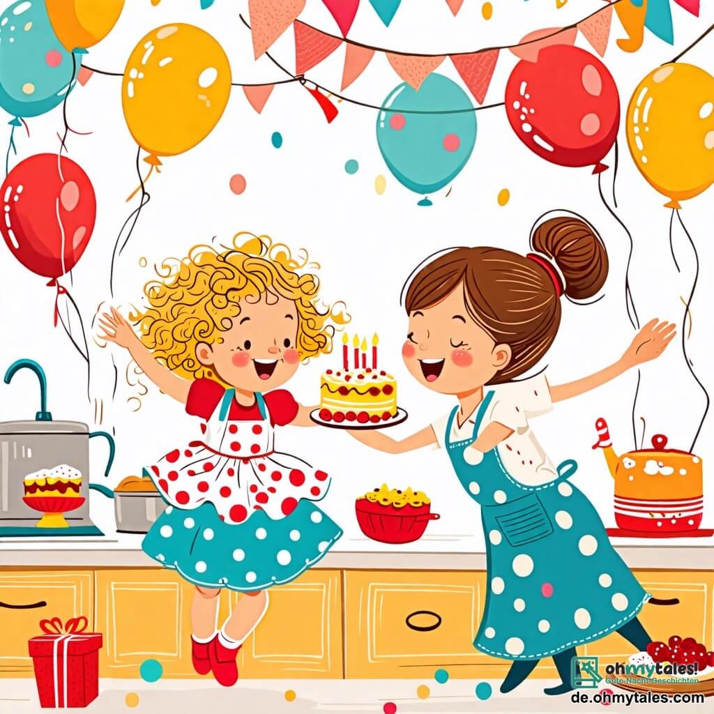 Une illustration sous forme de dessin destinée aux enfants représentant une cuisine lumineuse et colorée, où une petite fille de 2 ans aux cheveux bouclés et blonds, portant une robe à pois, saute de joie en tenant un morceau de gâteau dans ses petites mains, tandis qu'une maman souriante aux cheveux châtains et attachés en chignon, vêtue d'un tablier, applaudit et sourit, entourées de ballons colorés et de décorations d'anniversaire, capturant l'instant joyeux où elles célèbrent ensemble un anniversaire.