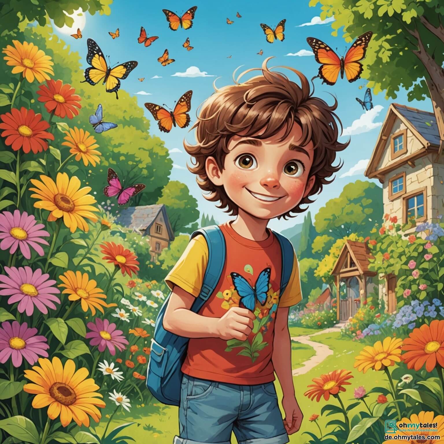 Une illustration destinée aux enfants représentant un petit garçon aux yeux pétillants et à la chevelure ébouriffée, vêtu d'un t-shirt coloré et d'un short, se tenant au milieu d'un jardin ensoleillé rempli de fleurs multicolores et de papillons virevoltant, en train de chercher désespérément son dragon en jouet disparu, tandis qu'une petite fille au sourire malicieux, sa meilleure amie, l'observe en tenant une loupe, prête à l'aider dans cette enquête pleine de mystères.