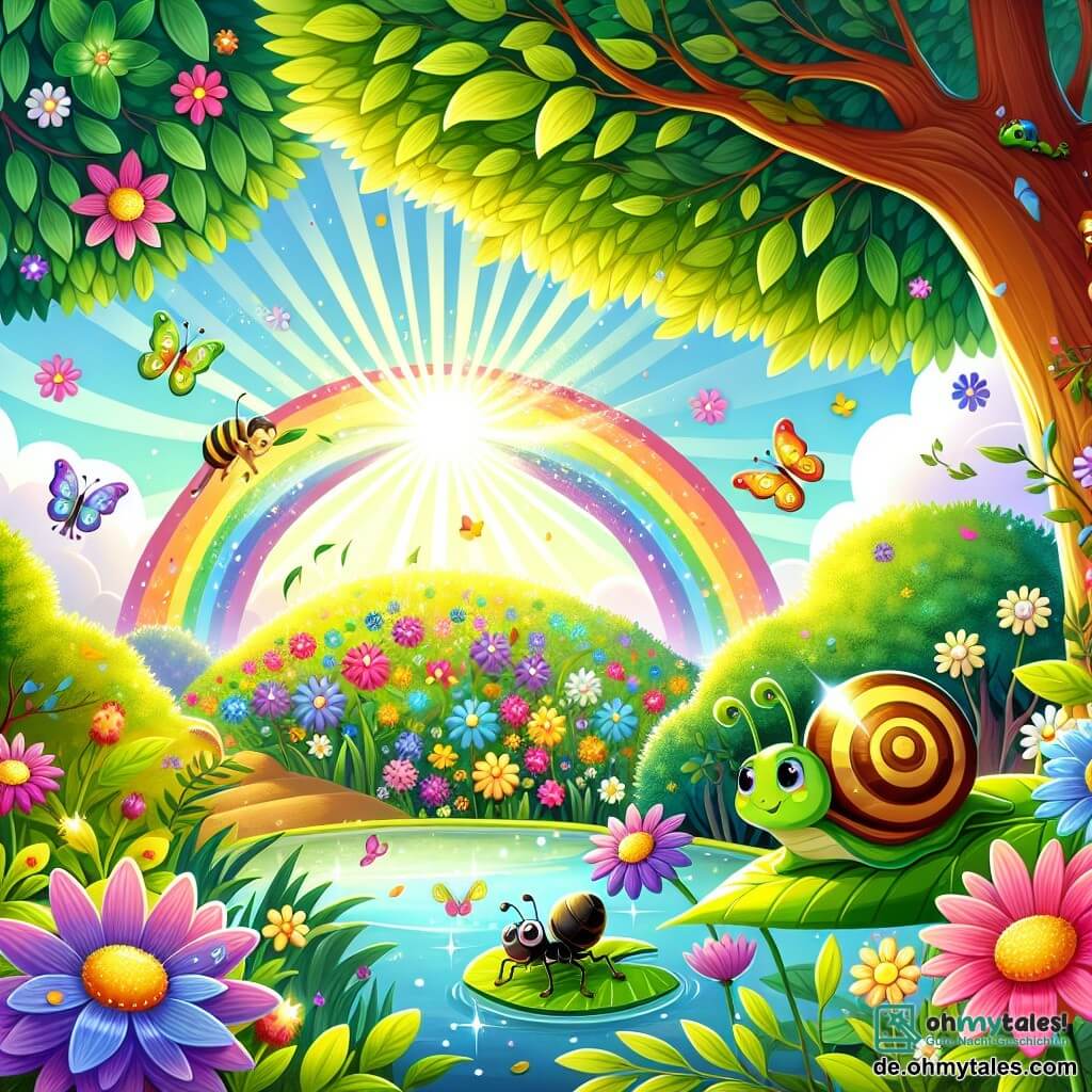 Illustration eines verzauberten Gartens, in dem die Blumen in leuchtenden Farben wie Regenbögen erstrahlen und majestätische Bäume mit grünen Blättern sanft im Wind tanzen. In der Mitte kriecht eine kleine, glänzende Schnecke mit spiralförmigem Körper und gestreifter gelb-brauner Schale langsam über ein Blatt, ihre Augen funkeln vor Neugier. Neben ihr ist eine kleine, glänzend schwarze Ameise, die mit Begeisterung ein Krümel auf ihrem Rücken trägt, während eine kleine grüne Frosch mit runden, schelmischen Augen die Szene von einem Seerosenblatt aus beobachtet. Die Szene fängt den Moment ein, in dem diese Freunde gemeinsam einen wunderschönen, funkelnden Teich entdecken, umgeben von Blumen und bunten Schmetterlingen, was Freundschaft und Abenteuer symbolisiert. Sonnenstrahlen filtern durch die Blätter und schaffen eine magische, fröhliche Atmosphäre, voller Leben und Staunen.