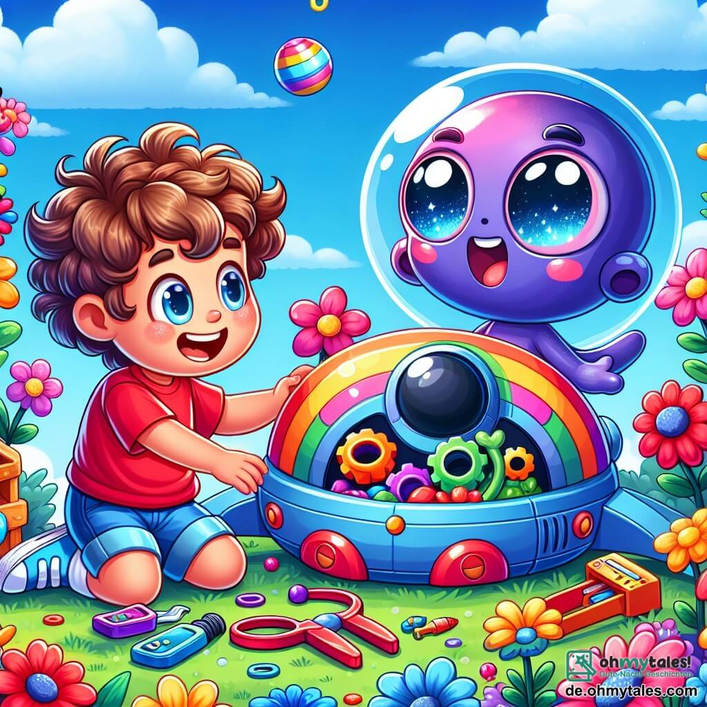 Une illustration sous forme de dessin destinée aux enfants représentant un jardin coloré rempli de fleurs éclatantes sous un ciel bleu, où un garçon de 5 ans aux cheveux bruns et bouclés, vêtu d'un t-shirt rouge et d'un short bleu, est en train de rire et de jouer avec un petit extraterrestre violet à la peau brillante et aux grands yeux pétillants, qui sort d'un petit vaisseau spatial multicolore, alors qu'ils s'apprêtent à réparer la fusée ensemble avec des outils colorés éparpillés autour d'eux, symbolisant leur amitié et leur aventure intergalactique.