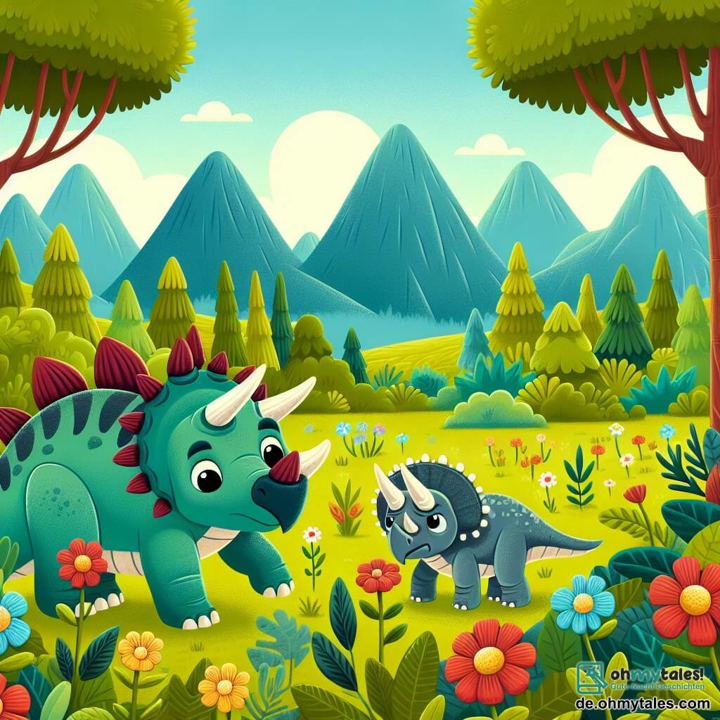Une illustration destinée aux enfants représentant un jeune stégosaure curieux et aventurier, accompagné d'un tricératops triste, cherchant des fleurs dans une clairière luxuriante et colorée de la forêt préhistorique.