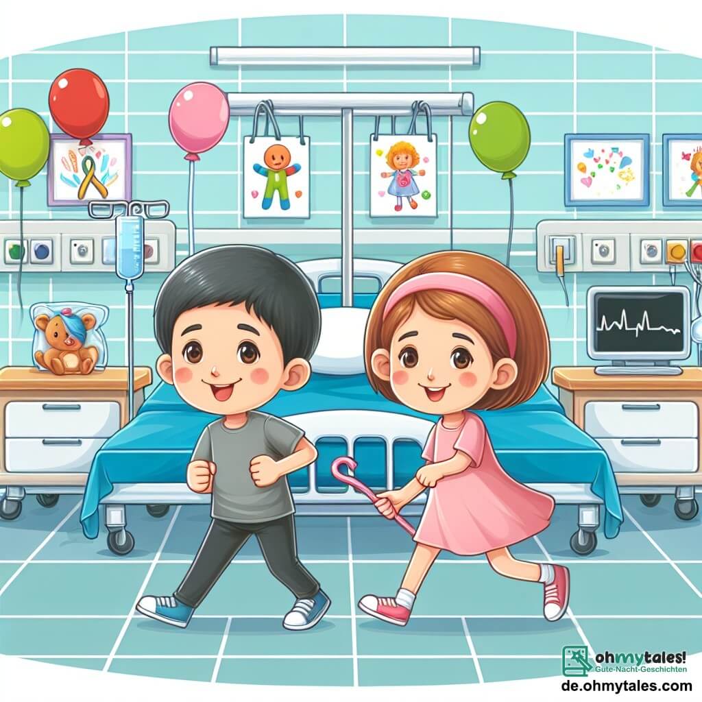 Une illustration destinée aux enfants représentant une courageuse fille luttant contre une maladie grave, accompagnée d'un garçon joyeux et plein d'espoir, dans un hôpital lumineux avec des murs décorés de dessins colorés et de ballons.
