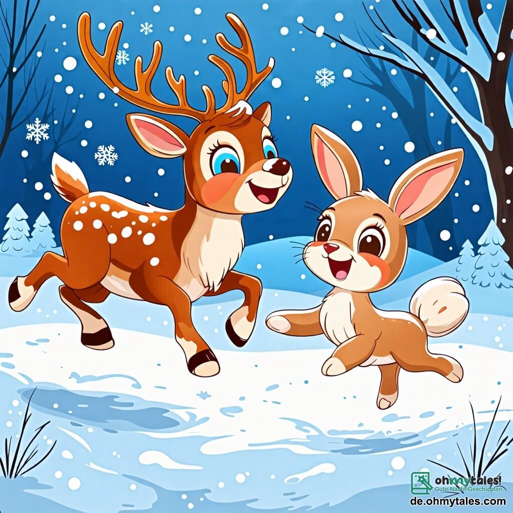 Une illustration sous forme de dessin destinée aux enfants représentant un magnifique paysage hivernal avec un vaste champ de neige scintillante, au centre un jeune renne aux grands yeux pétillants et aux bois délicats, sautant joyeusement dans la neige, tandis qu'à ses côtés, une petite lapine aux oreilles longues et douces, avec un pelage brun clair, court rapidement en riant, illustrant leur amitié et leur jeu dans cette scène pleine de joie et de camaraderie.