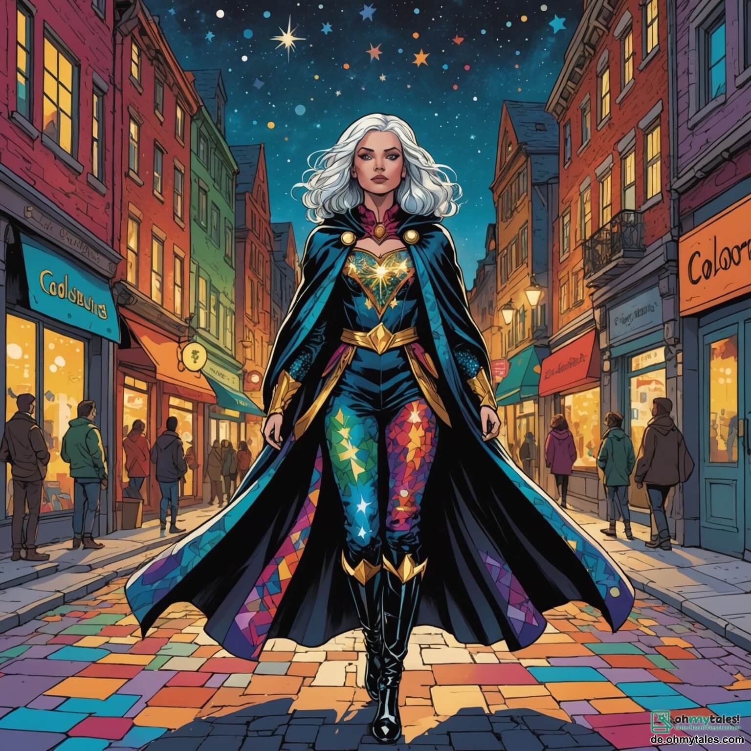 Une illustration destinée aux enfants représentant une femme aux cheveux scintillants comme des étoiles, vêtue d'un costume chatoyant orné de motifs colorés, se tenant fièrement au cœur d'une ville vibrante appelée couleursbourg, où les bâtiments sont peints de teintes éclatantes et les rues pavées de pierres multicolores, tandis qu'elle se prépare à affronter un méchant homme au manteau noir, le visage caché dans l'ombre, qui menace de plonger la ville dans l'obscurité, avec à ses côtés un petit chien courageux à la fourrure douce et aux grands yeux brillants, prêt à l'aider dans cette quête héroïque pour ramener la lumière et le bonheur à tous les habitants de cette ville enchanteresse.