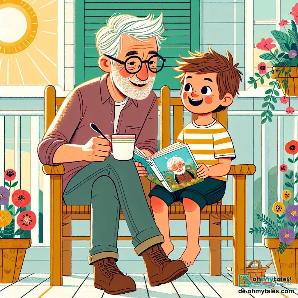 Une illustration sous forme de dessin destinée aux enfants représentant une charmante véranda ensoleillée, ornée de fleurs colorées, où un homme âgé aux cheveux gris légèrement ébouriffés et portant des lunettes sourit chaleureusement tout en tenant une tasse de thé, assis sur une chaise en bois, tandis qu'un petit garçon aux cheveux bruns et aux yeux pétillants, vêtu d'un t-shirt rayé, s'assoit à côté de lui, écoutant attentivement les histoires d'aventures que l'homme partage avec enthousiasme, illustrant ainsi le lien spécial entre un ancien instituteur et son jeune élève curieux.