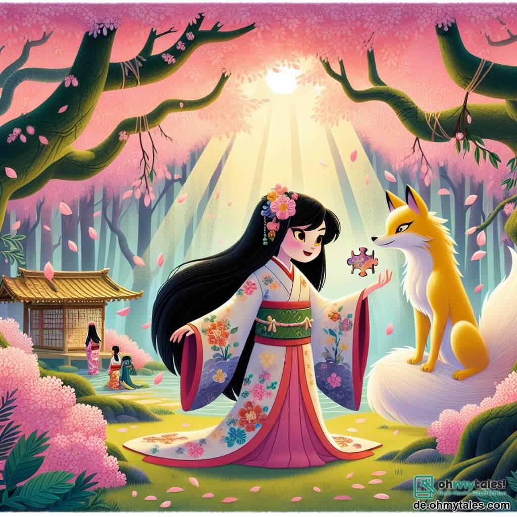 Une illustration sous forme de dessin destinée aux enfants représentant une clairière enchantée au cœur d'un forêt japonaise, ornée de cerisiers en fleurs aux pétales roses flottant dans l'air, où une jeune femme aux longs cheveux noirs et aux yeux brillants, vêtue d'un kimono coloré, se tient courageusement devant un majestueux Kitsune, un foxy esprit à la fourrure dorée et aux yeux malicieux, qui lui pose une énigme, tandis qu'un rayon de soleil perçant à travers les feuilles illumine la scène magique, symbolisant le voyage de découverte et de sagesse qu'elle entreprend.