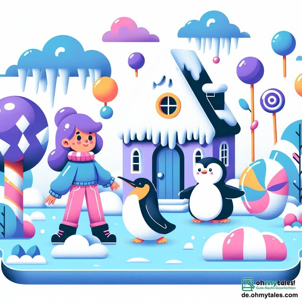 Une illustration destinée aux enfants représentant une fille aux cheveux violets se retrouvant dans une maison en forme de glace, accompagnée d'un pingouin jonglant avec des boules de neige, dans un monde où les nuages sont en forme de bonbons et les arbres poussent des sucettes géantes.