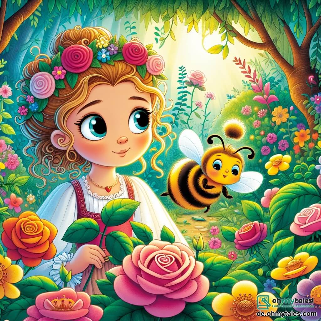 Une illustration destinée aux enfants représentant une jeune fille aux cheveux bouclés et aux yeux pétillants, cherchant des roses disparues dans un jardin enchanté rempli de fleurs colorées, accompagnée d'une abeille travailleuse et duveteuse, sur une clairière ensoleillée au cœur d'une forêt verdoyante et mystérieuse.
