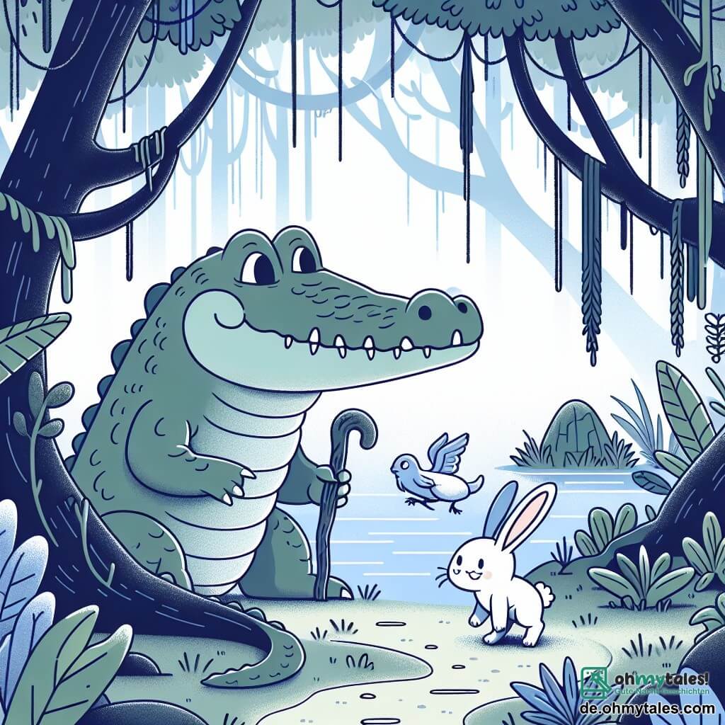 Une illustration destinée aux enfants représentant un crocodile âgé et sage, une jeune lapine curieuse, explorant ensemble un jardin secret luxuriant, caché au cœur d'un mystérieux marais enchanté.
