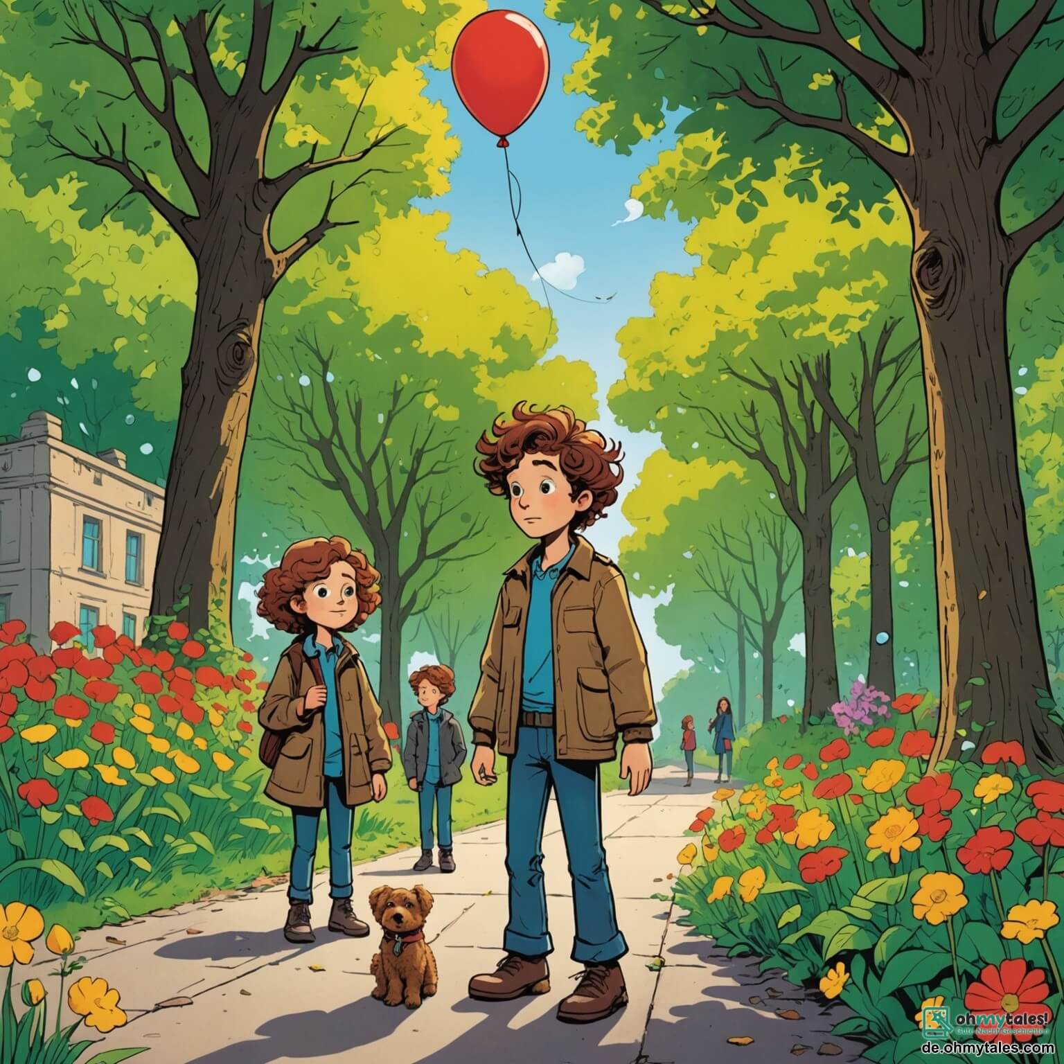 Une illustration destinée aux enfants représentant un garçon aux cheveux ébouriffés, vêtu d'une veste de détective trop grande, scrutant avec curiosité un parc luxuriant rempli de fleurs éclatantes et de grands arbres, alors qu'il cherche à résoudre le mystère de la disparition de son précieux ballon rouge, aidé par sa meilleure amie, une fille aux boucles brunes, qui observe attentivement les indices laissés sur le sol.