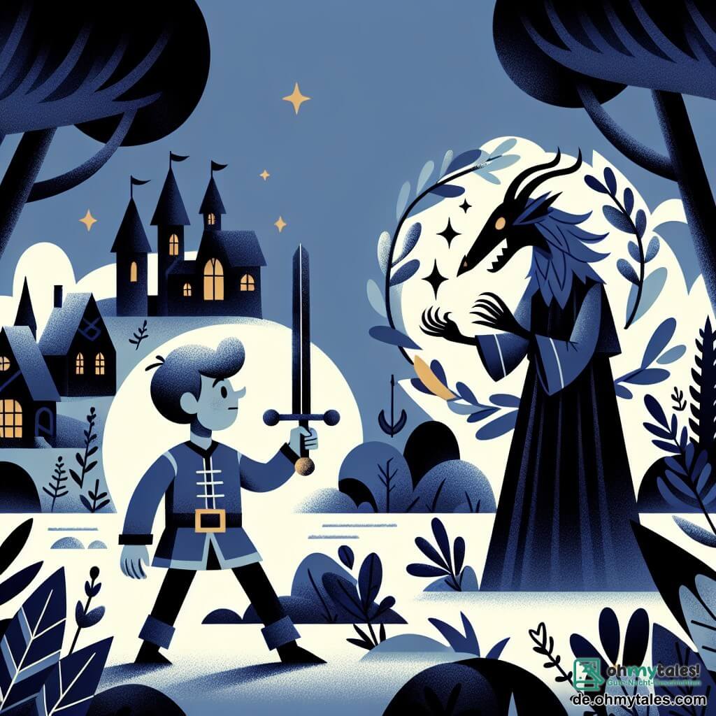 Une illustration destinée aux enfants représentant un jeune garçon courageux tenant un épée magique, prêt à affronter une sorcière maléfique dans un sombre village entouré de mystérieux bois.