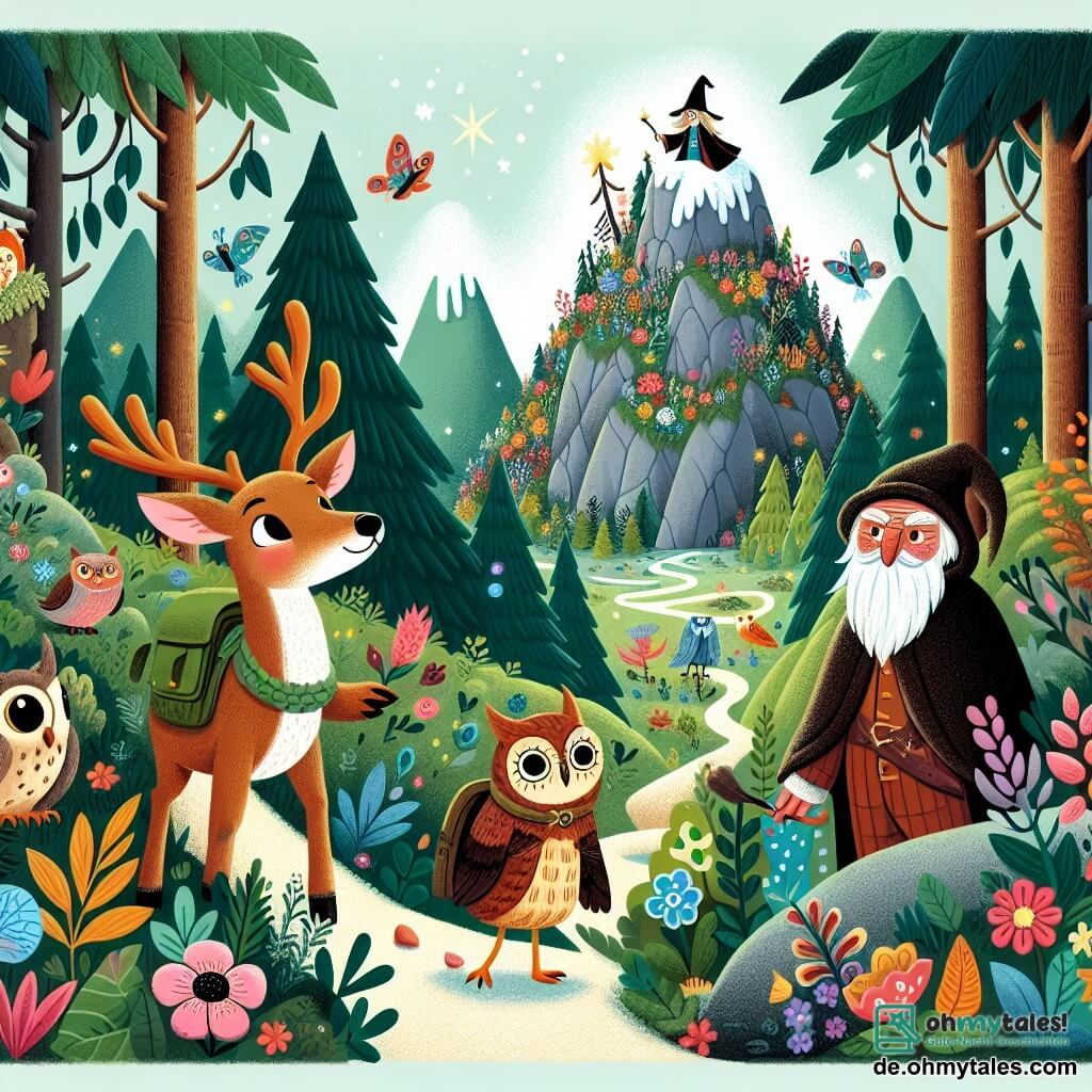 Une illustration destinée aux enfants représentant un jeune renne curieux et amical se lançant dans une aventure pour découvrir un mystérieux magicien, accompagné d'une petite chouette sage et d'un majestueux montagne magique couvert de fleurs colorées, dans un dense et verdoyant forêt enchantée.
