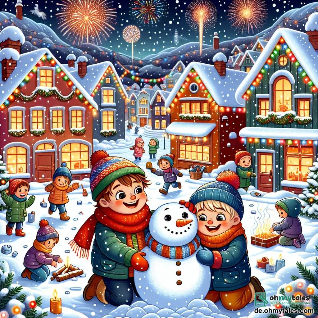 Illustration einer festlichen Szene in einer verschneiten Kleinstadt, wo bunte Häuser mit funkelnden Lichtern dekoriert sind. Der Schnee bedeckt den Boden wie ein weicher, weißer Teppich, und sanfte Schneeflocken fallen vom sternenklaren Himmel. Im Zentrum des Bildes stehen zwei etwa siebenjährige Jungen nebeneinander, lächelnd und voller Begeisterung. Einer von ihnen hat zerzauste braune Haare und trägt einen leuchtend roten Schal, während der andere blonde Haare hat und eine blaue Mütze trägt. Sie bauen einen großen Schneemann, fügen eine Karotte für die Nase und Steine für die Augen hinzu und lachen dabei zusammen. Im Hintergrund spielen Kinder im Schnee, während Erwachsene sich um einen Stand mit heißen Getränken versammeln. Feuerwerke erleuchten den Himmel und tauchen die Szene in strahlende Farben. Die Atmosphäre ist fröhlich und festlich und fängt den Geist des Neujahrsfestes ein.