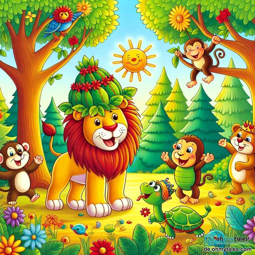 Illustration einer fröhlichen Szene auf einer sonnigen Lichtung in einem bunten Wald mit dicken Baumstämmen und leuchtend grünen, roten und gelben Blättern. In der Mitte steht ein majestätischer Löwe mit einer strahlend goldenen Mähne, der einen großen Hut aus grünen Blättern und einer roten Blume trägt, stolz auf seinen Hinterbeinen und mit einem strahlenden Lächeln. Neben ihm applaudiert eine kleine Schildkröte mit einem grünen Panzer und funkelnden Augen, die einen kleinen Blätterhut trägt, begeistert. Ein schelmischer Affe, der an einem Ast darüber hängt, balanciert eine Banane auf seinem Kopf und macht Grimassen, was der Szene einen Hauch von Verrücktheit verleiht. Alle Tiere des Waldes, wie bunte Vögel und neugierige Hasen, versammeln sich um sie, lachen und applaudieren und schaffen eine festliche und kameradschaftliche Atmosphäre.
