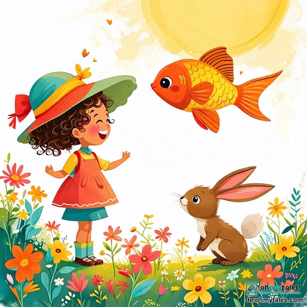 Une illustration sous forme de dessin destinée aux enfants représentant un jardin ensoleillé rempli de fleurs colorées, où une petite fille de 2 ans avec des cheveux bouclés et un grand chapeau coloré rit aux éclats en regardant un poisson volant aux écailles scintillantes qui s'élève dans les airs, tandis qu'un adorable petit lapin aux grandes oreilles et au pelage doux les observe avec curiosité, tous trois partageant un moment de joie et de magie alors qu'ils rêvent de voler ensemble dans le ciel.