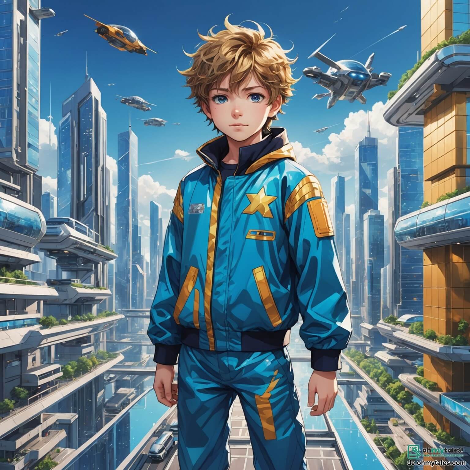 Une illustration destinée aux enfants représentant un garçon aux yeux pétillants et aux cheveux en bataille, vêtu d'une combinaison colorée, qui se tient au bord d'une grande plateforme flottante dans une ville futuriste aux bâtiments scintillants en verre et en métal, où des voitures volantes glissent gracieusement dans le ciel azur, tandis qu'il rêve de vivre des aventures palpitantes avec ses deux amis inséparables, une fille aux boucles dorées qui rit aux éclats et un garçon à la casquette vissée sur la tête, tous les trois entourés de jardins suspendus et de fontaines luminescentes qui dansent au rythme de la musique électronique, créant une atmosphère magique et pleine de promesses d'exploration.