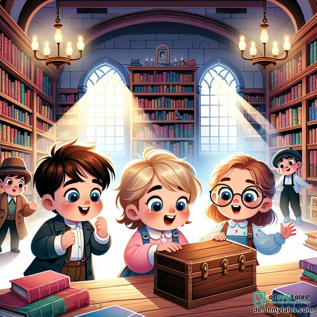 Une illustration sous forme de dessin destinée aux enfants représentant une bibliothèque ancienne avec des étagères en bois remplies de livres colorés, où un groupe de deux enfants, un garçon aux cheveux bruns et une fille aux cheveux blonds, sont émerveillés en découvrant une petite boîte en bois cachée sous une table, tandis qu'un autre garçon aux lunettes rondes les observe avec curiosité, tous trois entourés d'une ambiance magique et mystérieuse, illuminée par la lumière douce des fenêtres.