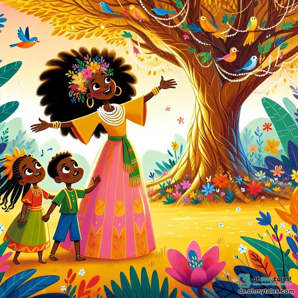 Une illustration sous forme de dessin destinée aux enfants représentant une scène vibrante dans une forêt africaine, avec un grand arbre aux feuilles dorées au centre, une jeune femme au teint caramel et aux cheveux crépus, vêtue d'une robe colorée, levant les bras avec émerveillement devant l'arbre magique, tandis que deux enfants, un garçon aux yeux pétillants et une fille aux tresses ornées de perles, l'observent avec des sourires émerveillés, tous trois entourés de fleurs éclatantes et d'oiseaux colorés chantant dans les branches, illustrant le moment où ils découvrent le pouvoir de la magie et de l'amitié.