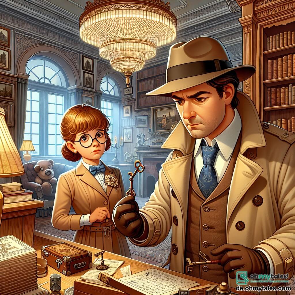 Une illustration sous forme de dessin destinée aux enfants représentant l'intérieur d'un vieux hôtel au charme désuet, avec des murs ornés de tableaux anciens et un grand chandelier scintillant, où un homme détective au visage déterminé, portant un trench-coat beige et un chapeau fedora, examine un mystérieux petit clé en métal, tandis qu'une femme d'âge moyen, la réceptionniste, aux cheveux châtains et aux lunettes rondes, l'observe avec une expression d'espoir et d'inquiétude, alors qu'ils se trouvent au cœur d'une enquête pour retrouver un précieux tableau volé, entourés de vieux livres et de cartons poussiéreux.