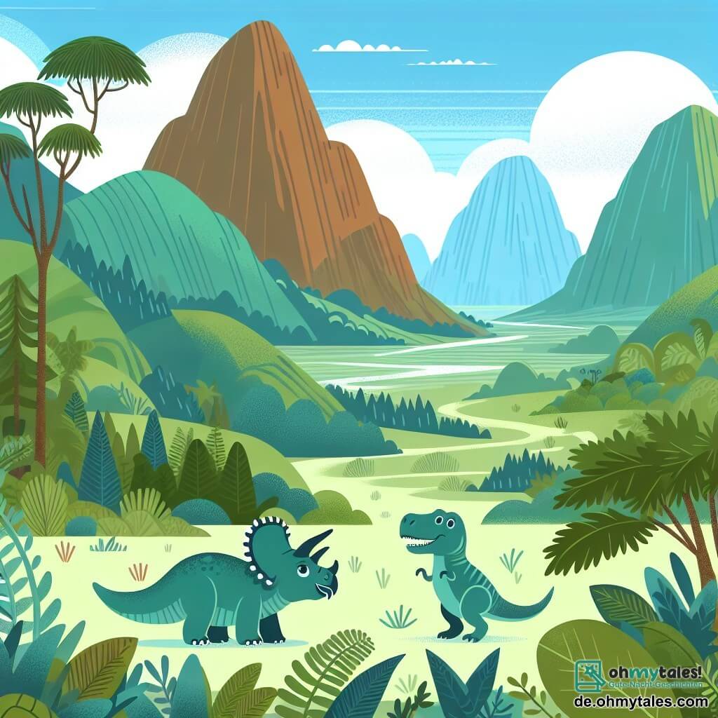 Une illustration destinée aux enfants représentant un jeune tricératops curieux et aventureux, accompagné d'un petit tyrannosaurex gentil, explorant un vaste et luxuriant vallée entourée de hautes montagnes verdoyantes.