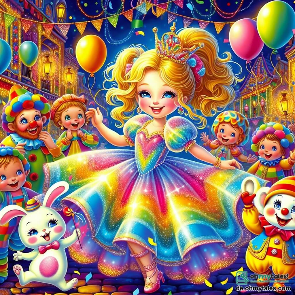 Une illustration destinée aux enfants représentant une petite fille pétillante aux cheveux dorés, vêtue d'une robe scintillante aux couleurs de l'arc-en-ciel, qui danse avec joie au cœur d'un village animé par le carnaval, où des ballons multicolores flottent dans les airs, des confettis tourbillonnent autour d'elle et des rires d'enfants résonnent, tandis qu'un clown jovial à la grande bouche rouge et un groupe de petits animaux en costumes colorés, dont un adorable petit lapin aux grandes oreilles, l'entourent dans une atmosphère festive et magique, remplie de musique entraînante et de douceurs sucrées.