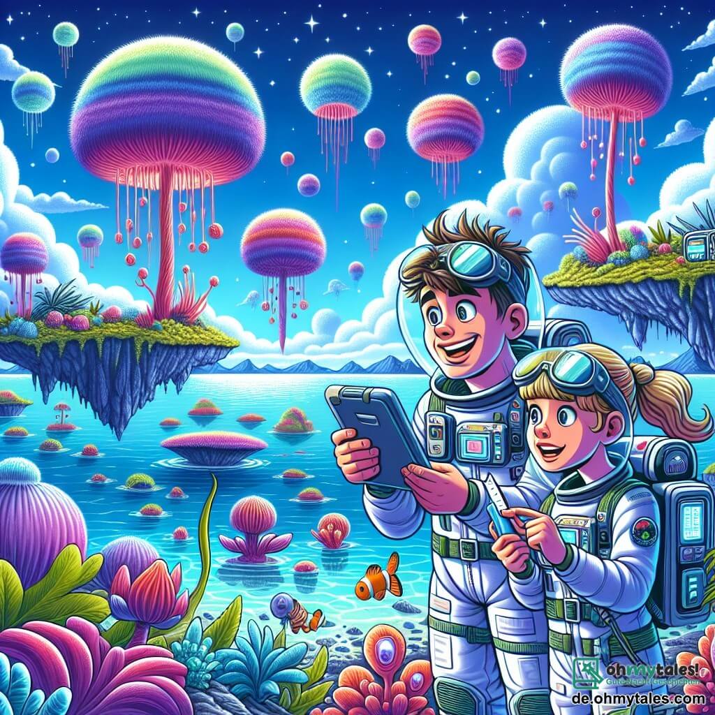 Eine Illustration zeigt eine faszinierende Szene auf einem neuen Planeten, wo lebendige, schwebende Inseln über kristallklarem Wasser emporsteigen. Der Himmel ist strahlend blau, durchzogen von watteartigen Wolken, und leuchtende Pflanzen in Violett- und Grüntönen wachsen auf den Inseln. Im Vordergrund beobachtet ein etwa 30-jähriger Mann mit zerzausten braunen Haaren und Schutzbrille auf der Stirn erstaunt die Landschaft. Er trägt einen leichten Raumanzug, geschmückt mit wissenschaftlichen Gadgets, und hält ein Messgerät in einer Hand, während die andere Hand eine freundliche Kreatur zeigt, die sich nähert. An seiner Seite steht eine etwa 25-jährige Frau mit zu einem Pferdeschwanz gebundenen blonden Haaren und einem begeisterten Lächeln, die Notizen auf einem Tablet macht. Auch sie trägt einen Raumanzug und ist fasziniert von den Entdeckungen um sie herum. Die Hauptsituation zeigt den Moment, in dem sie diesen neuen, lebendigen und geheimnisvollen Planeten entdecken und mit seltsamen, freundlichen Kreaturen interagieren, die sie neugierig beobachten. Im Hintergrund ist ein futuristisches Raumschiff an einer schwimmenden Plattform angedockt, bereit, dieses unbekannte Land weiter zu erkunden. Lebendige Farben und sanfte Formen schaffen eine Atmosphäre von Staunen und Abenteuer.