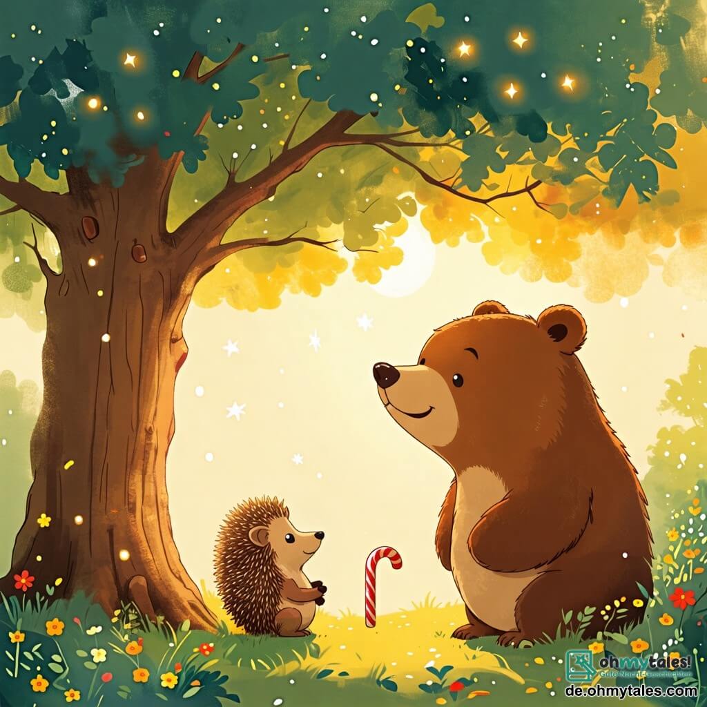 Une illustration sous forme de dessin destinée aux enfants représentant un charmant et verdoyant sous-bois du matin, avec un petit hérisson aux piquants doux et arrondis, assis sous un grand arbre, levant les yeux vers les nuages en forme de sucre d'orge, tandis qu'un grand ours brun au sourire chaleureux, aux yeux pétillants, s'approche de lui pour l'inviter à jouer, le tout baigné dans une lumière dorée et joyeuse, évoquant l'amitié et la magie de la nature.