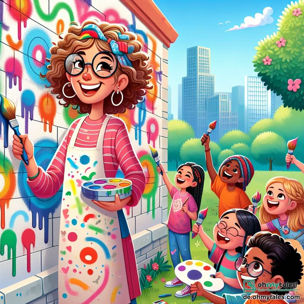 Une illustration sous forme de dessin destinée aux enfants représentant un parc coloré de la ville, avec une femme aux cheveux longs et bouclés, portant un tablier éclaboussé de peinture, qui sourit tout en peignant un grand mur avec des couleurs vives, entourée de plusieurs enfants, dont un garçon aux lunettes et une fille avec des tresses, tous deux tenant des pinceaux et riant joyeusement en ajoutant leurs propres dessins sur le mur, illustrant ainsi la magie de la créativité collective.
