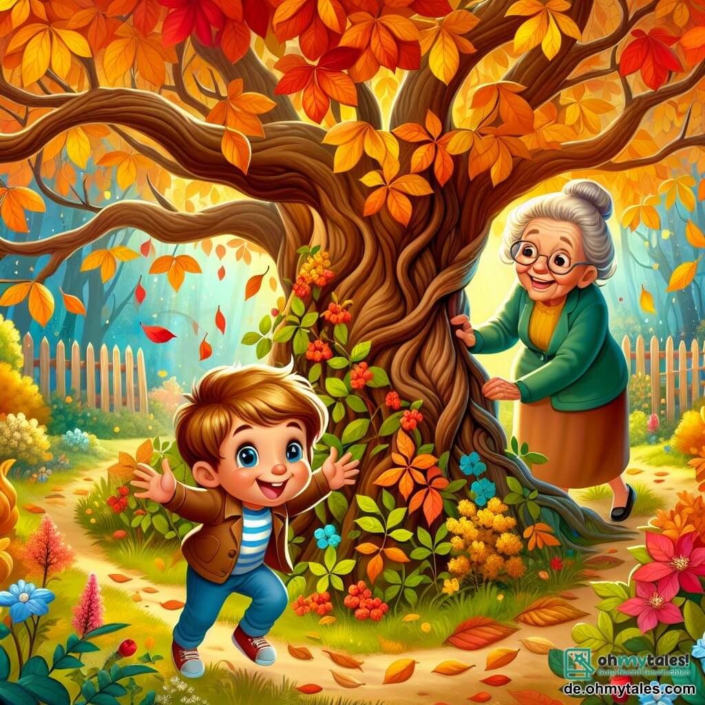 Une illustration destinée aux enfants représentant un petit garçon curieux et joyeux, accompagné d'une vieille dame souriante, découvrant un jardin enchanté aux couleurs chatoyantes de l'automne, avec un grand kastanienbaum au centre, ses branches chargées de feuilles jaunes, oranges et rouges, créant une atmosphère chaleureuse et magique.