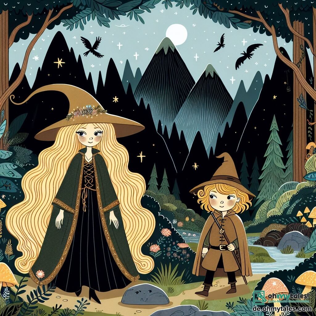Une illustration destinée aux enfants représentant une jeune femme aux cheveux d'or, accompagnée d'un mystérieux voyageur en robe et grand chapeau, explorant un sombre et enchanteur Verbotenen Wald, une forêt dense et mystique entourée de hautes montagnes et de profonds bosquets.