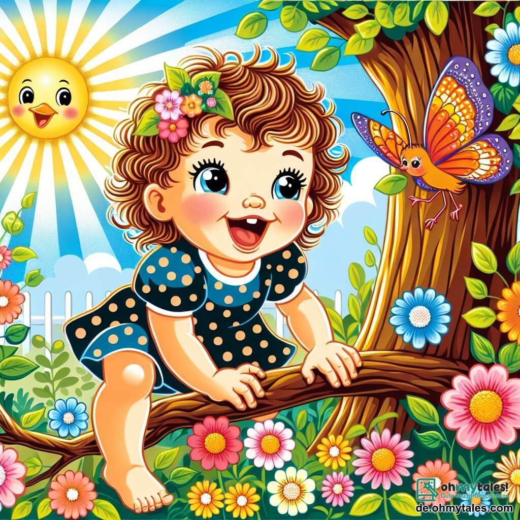 Une illustration sous forme de dessin destinée aux enfants représentant un jardin ensoleillé rempli de fleurs colorées et d'un grand arbre, où une petite fille de 1 an aux cheveux bouclés et aux yeux pétillants, vêtue d'une robe à pois, grimpe joyeusement sur une branche tout en riant, tandis qu'un oiseau aux plumes vives la regarde curieusement depuis une autre branche, et un papillon aux ailes éclatantes vole autour d'elle, symbolisant l'esprit d'aventure et la découverte d'un trésor caché sous l'arbre.