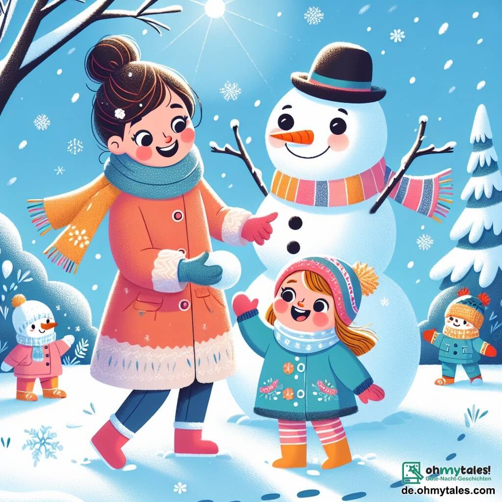 Illustration einer magischen Winterlandschaft in einem Garten, der von einer dicken Schicht glitzernden Schnees unter einem hellblauen Himmel bedeckt ist. In der Mitte steht ein einjähriges Mädchen mit großen, funkelnden Augen und rosigen Wangen, das einen bunten Mantel und einen weichen Schal trägt. Sie lacht fröhlich und hebt die Arme, bereit, einen großen Schneeball zu werfen. An ihrer Seite lächelt eine Frau in den Dreißigern mit braunen, zu einem Dutt gebundenen Haaren und zeigt ihr, wie man einen Schneemann baut. Der Schneemann, mit einer Karotte als Nase und einem alten schwarzen Hut, steht stolz hinter ihnen. Sanfte Schneeflocken fallen vom Himmel und verleihen dieser fröhlichen Szene einen märchenhaften Touch. Fußabdrücke im Schnee führen zum Schneemann, und einige Zweige sind mit Schnee bedeckt, was eine verzauberte Winteratmosphäre schafft.