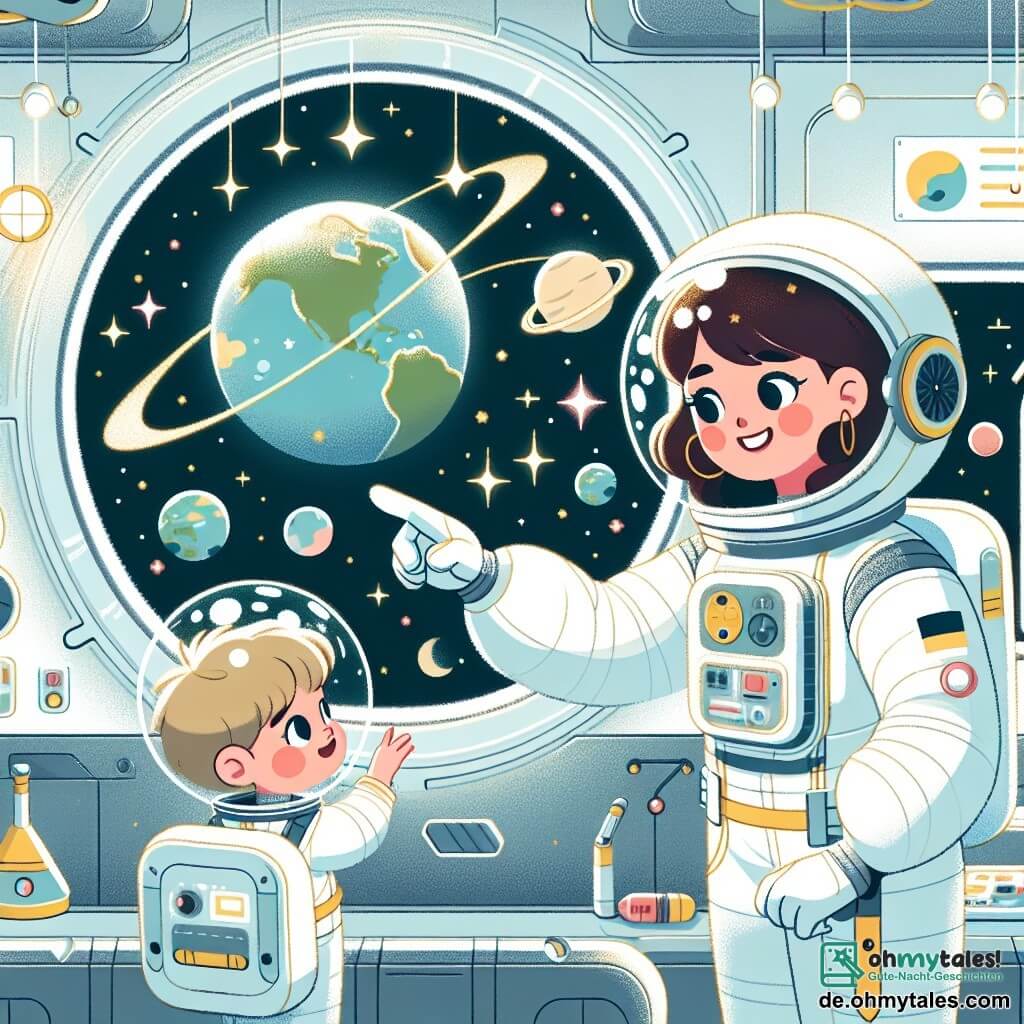 Une illustration sous forme de dessin destinée aux enfants représentant l'intérieur d'une station spatiale futuriste avec de grands hublots montrant la Terre colorée en arrière-plan, une astronaute femme aux cheveux bruns et aux yeux pétillants, flottant joyeusement dans son costume spatial blanc, en train de montrer la planète bleue à un petit garçon curieux aux cheveux blonds et aux yeux écarquillés, tandis que des étoiles scintillent à travers les fenêtres et que des objets flottants comme des outils et des snacks ajoutent une touche ludique à la scène.