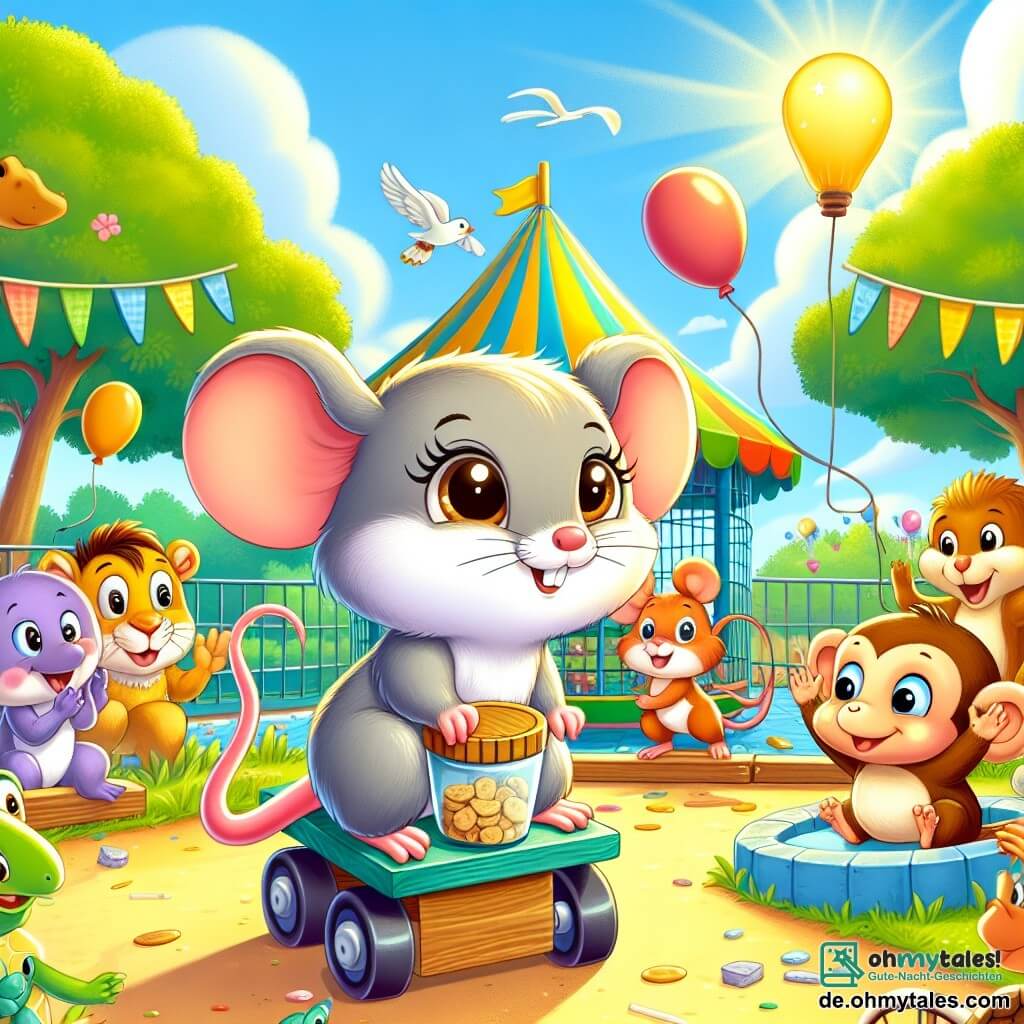 Illustration, die eine lebhafte Szene in einem sonnigen Zoo darstellt, mit bunten Gehegen und grünen Bäumen. In der Mitte steht eine kleine Maus mit großen Ohren und hellgrauem Fell, deren neugierige Augen funkeln, auf einem kleinen Wagen aus Holzstücken und einem alten Keksbehälter. Sie lächelt fröhlich, bereit, an einem Rennen teilzunehmen. Neben ihr applaudiert eine Gruppe von Tieren, darunter ein kleiner, schelmischer Affe mit braunem Fell und einem langen Schwanz, und feuert die Maus begeistert an. Im Hintergrund beobachten andere Tiere wie bunte Vögel und neugierige Schildkröten interessiert die Szene. Der Himmel ist blau mit einigen weißen Wolken, und Luftballons schweben in der Luft und verleihen der fröhlichen Atmosphäre dieses freundschaftlichen Wettbewerbs eine festliche Note.