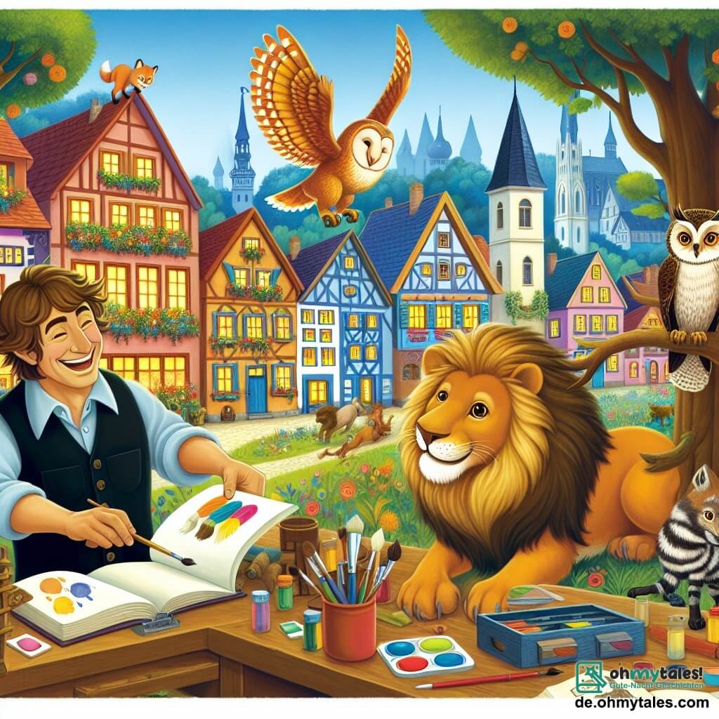 Une illustration destinée aux enfants représentant un joyeux artiste homme travaillant dans son atelier, accompagné d'un lion volant, d'une chouette sage et d'un renard curieux, dans le pittoresque village de Malerstadt, où les maisons colorées rivalisent avec les arbres aux feuilles chatoyantes.