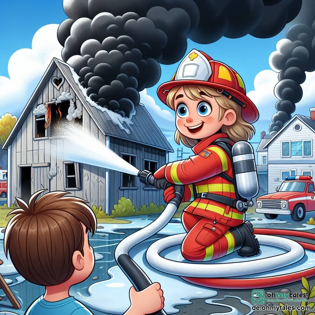 Une illustration sous forme de dessin destinée aux enfants représentant une scène dramatique dans une petite ville, où une femme pompier au visage souriant, portant une uniforme rouge vif et un casque, utilise un grand tuyau pour éteindre un incendie dans une vieille grange en flammes, tandis qu'un jeune garçon aux cheveux bruns, vêtu d'un t-shirt bleu, observe avec admiration et enthousiasme, et des nuages de fumée noire s'élèvent dans le ciel bleu, symbolisant l'urgence et le courage des pompiers qui protègent la communauté.