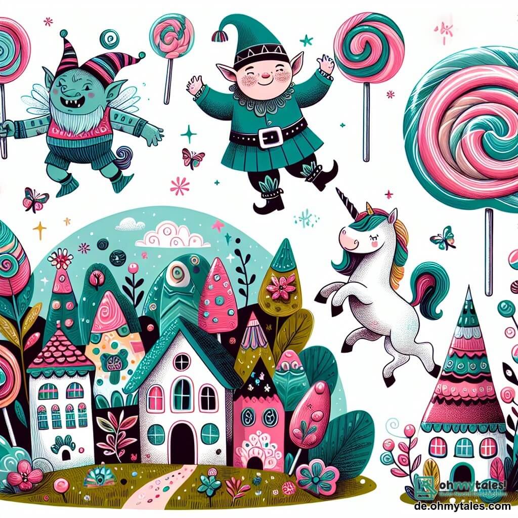 Une illustration destinée aux enfants représentant un petit ogre malicieux, une licorne dansante et un village en bonbons avec des maisons colorées et des arbres en forme de sucettes, dans le merveilleux Ogerland.
