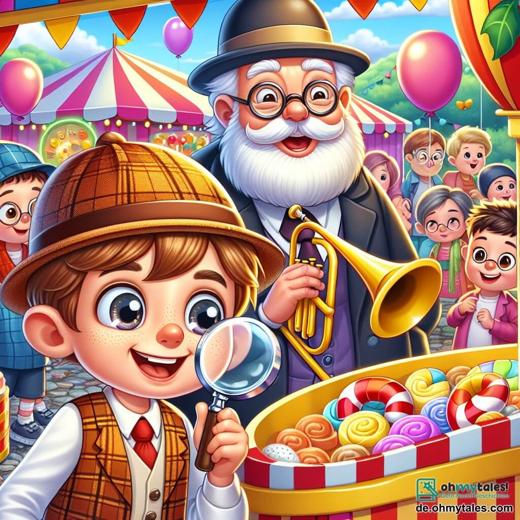 Une illustration sous forme de dessin destinée aux enfants représentant un joyeux festival en plein air, avec des stands colorés et des ballons flottants, où un garçon de 7 ans aux cheveux châtains et aux yeux pétillants, portant une loupe et un chapeau de détective, scrute attentivement un grand stand de sucre d'orge, tandis qu'à ses côtés, son ami, un garçon aux lunettes rondes et aux cheveux blonds, observe avec curiosité un vieux trompettiste souriant, le tout dans une ambiance festive remplie de rires d'enfants et de douceurs sucrées.