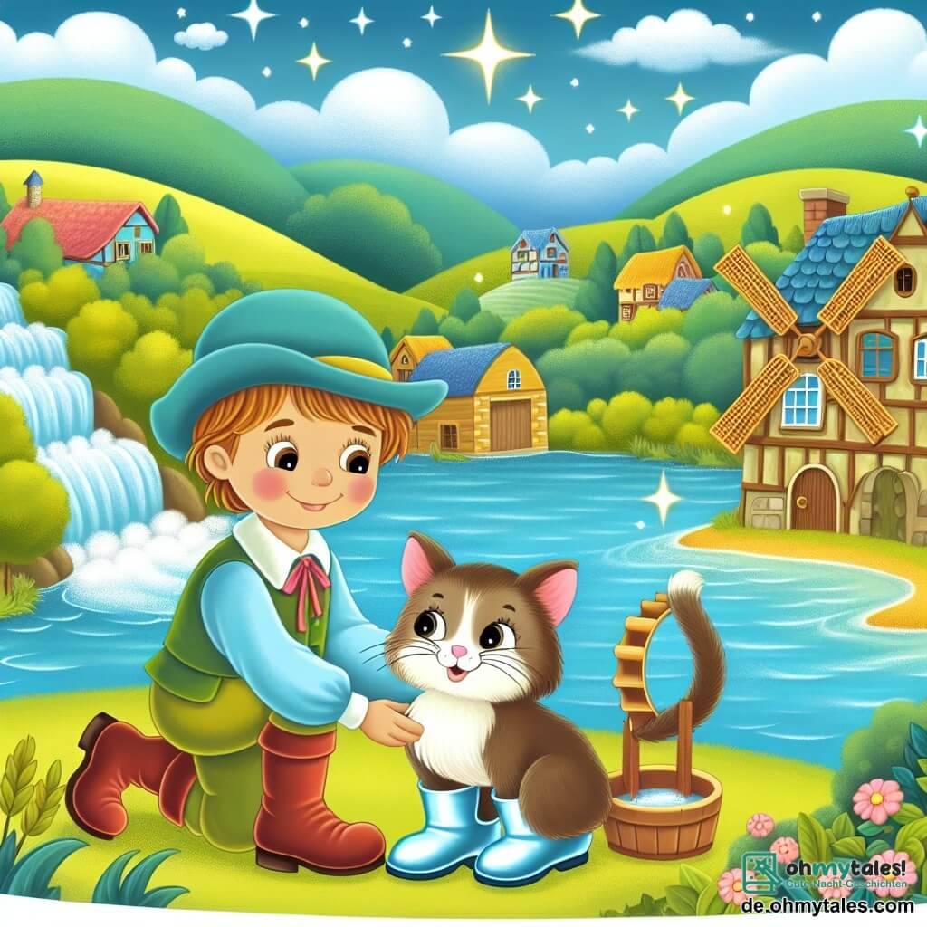 Une illustration destinée aux enfants représentant un charmant chat botté en bottes brillantes, aidant un gentil garçon meunier dans un village paisible entouré de collines verdoyantes et d'une rivière scintillante.