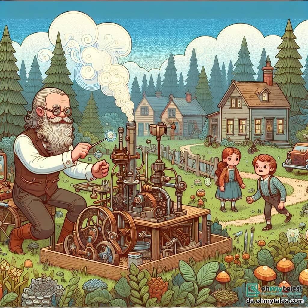 Une illustration destinée aux enfants représentant un inventeur excentrique (homme) travaillant dans son jardin rempli de machines étranges, accompagné de deux enfants curieux (une fille et un garçon), dans une petite ville entourée d'un grand bois.