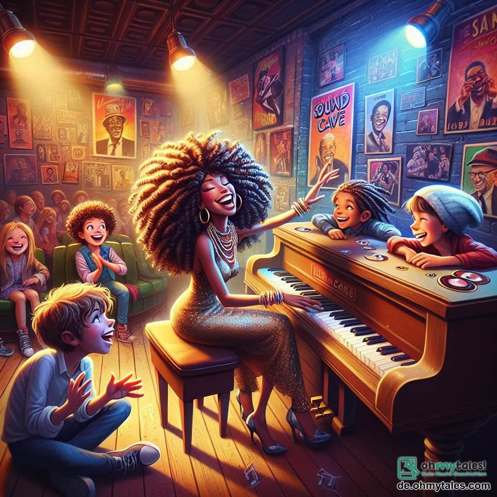 Illustration einer lebhaften Szene in einem kleinen Jazzclub namens „La Klanghöhle“. Die Wände sind mit alten, bunten Postern legendärer Musiker geschmückt, und gedämpftes Licht schafft eine warme Atmosphäre. Im Mittelpunkt der Bühne spielt eine leidenschaftliche Frau mit langen, lockigen Haaren und einem eleganten Kleid begeistert Klavier. Ihre Finger tanzen über die Tasten, und ihr Gesicht strahlt ansteckende Freude aus. Um sie herum sitzt eine Gruppe von vier Kindern, zwei Mädchen und zwei Jungen, im Alter von etwa 8 bis 10 Jahren am Bühnenrand. Eines der Mädchen hat lockige Haare und trägt bunte Brillen, während das andere Zöpfe hat und strahlend lächelt. Ein Junge mit einer rückwärts getragenen Kappe und ein anderer mit zerzausten Haaren schauen sie bewundernd an und klatschen im Rhythmus der Musik. Die Hauptsituation zeigt die Frau, die die Kinder in einen Moment reiner musikalischer Magie mitreißt, wo sie gemeinsam singen und improvisieren, und die Luft mit Freude und Energie erfüllt ist. Noten schweben um sie herum, und die Atmosphäre ist voller lebendiger Farben und strahlender Lächeln, die den Geist der Musik einfangen, der Generationen vereint.