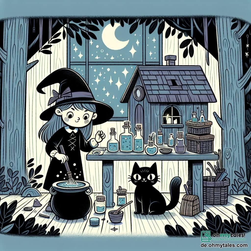 Une illustration destinée aux enfants représentant une jeune sorcière étourdie concoctant des potions magiques avec l'aide de son chat malicieux, dans sa maison en bois enchantée située au cœur d'une forêt mystérieuse.