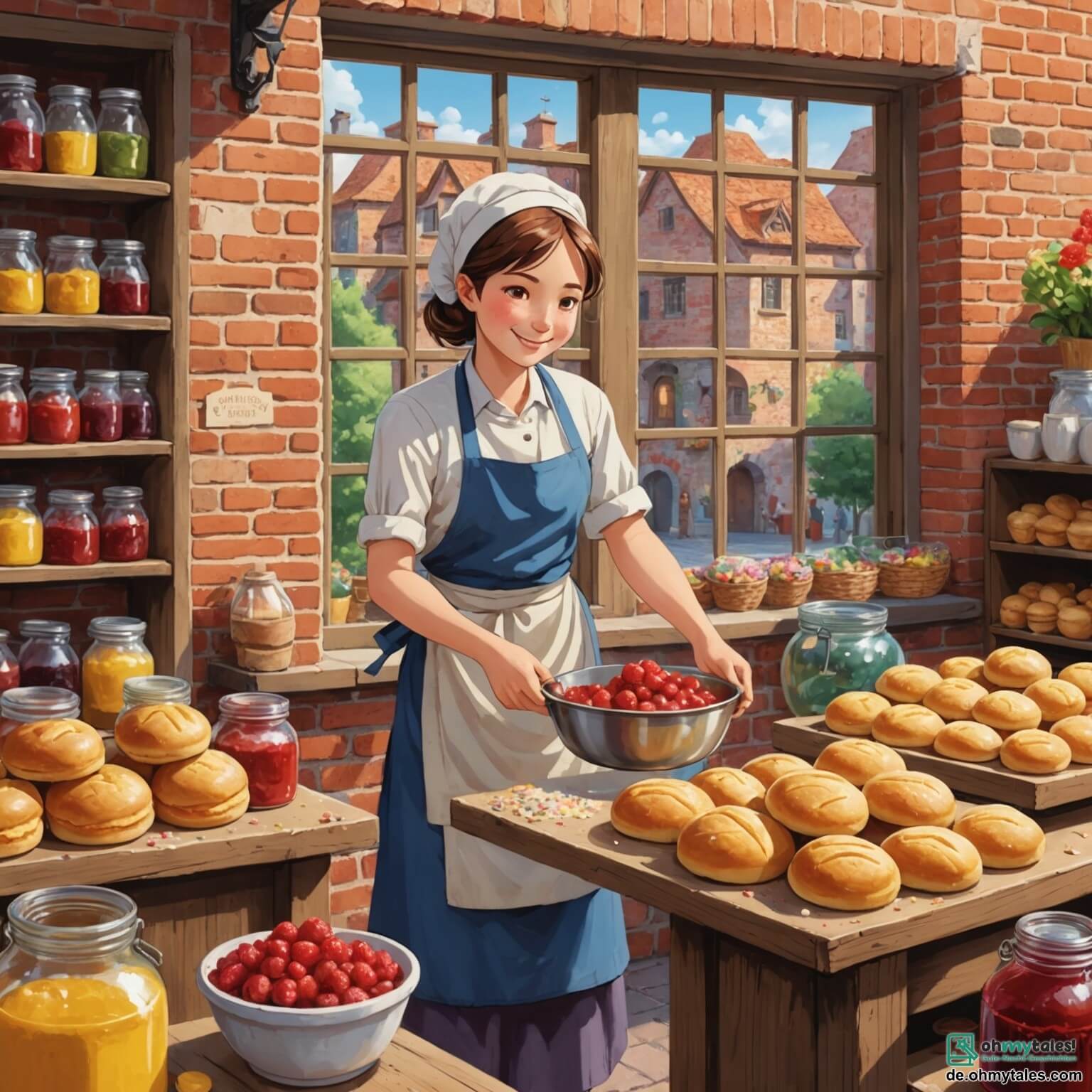 Une illustration destinée aux enfants représentant une femme boulangerie au sourire chaleureux, entourée de sacs de farine et de pots de confiture colorés, pétrissant une pâte dorée dans sa charmante boulangerie aux murs en briques rouges ornés de fleurs aux fenêtres, tandis qu'un garçon aux yeux pétillants, son meilleur ami, l'observe avec émerveillement, impatient de l'aider à créer des délices sucrés pour les habitants du village.