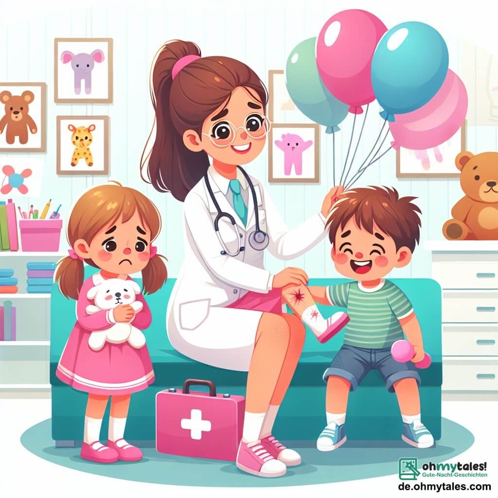 Une illustration destinée aux enfants représentant une charmante femme médecin, une petite fille triste avec un genou écorché, un petit garçon souriant avec des ballons, et une clinique colorée aux murs décorés de dessins d'animaux.
