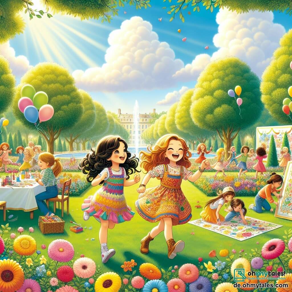 Illustration eines sonnigen Parks, gefüllt mit bunten Blumen und grünen Bäumen, unter einem hellblauen Himmel mit einigen weißen Wolken. Im Zentrum des Bildes spielen zwei Mädchen von etwa 10 Jahren, eines mit langen braunen Haaren und einem strahlenden Lächeln, das andere mit schwarzen Haaren und einem hübschen bunten Kleid. Das erste Mädchen läuft fröhlich, während das zweite, mit einem entschlossenen Blick, versucht, sie einzuholen. Im Hintergrund lachen und haben andere Kinder Spaß, einige malen auf großen Leinwänden, andere spielen Gruppenspiele. Luftballons schweben in der Luft, und ein Tisch ist mit köstlichen Leckereien gedeckt. Die Atmosphäre ist festlich und voller Freude und spiegelt den Geist von Freundschaft und Teilen in diesem magischen Moment wider.