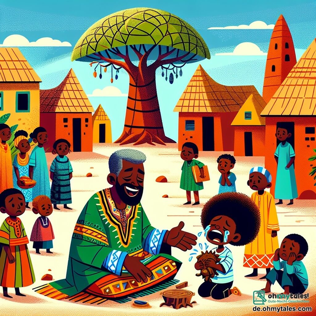 Une illustration sous forme de dessin destinée aux enfants représentant un village africain vibrant, avec des maisons en terre cuite et un grand baobab au centre, où un homme sage à la peau foncée, portant une tunique colorée et un sourire chaleureux, s'agenouille près d'un petit garçon aux cheveux crépus, qui pleure en tenant une figurine en bois cassée, tandis que plusieurs enfants aux visages curieux et inquiets les entourent, illustrant le moment où le sage enseigne l'importance de la justice et de l'entraide dans leur communauté.
