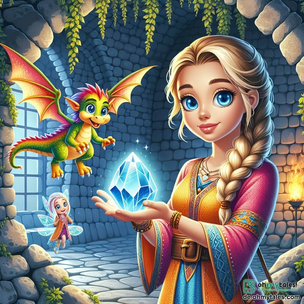 Une illustration sous forme de dessin destinée aux enfants représentant l'intérieur d'une vieille et mystérieuse forteresse, avec de grandes pierres couvertes de lierre, où une jeune femme aux longs cheveux dorés et aux yeux bleus éclatants, vêtue d'une tunique colorée, tient un cristal lumineux dans ses mains, tandis qu'un petit dragon aux écailles multicolores, aux ailes délicates et aux yeux curieux, flotte à ses côtés, observant avec émerveillement une petite elfe aux ailes scintillantes qui sourit joyeusement après avoir retrouvé son glitzerstein, symbolisant l'amitié et la magie dans un monde fantastique.