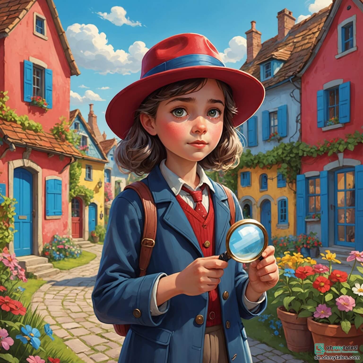Une illustration destinée aux enfants représentant une jeune fille au regard pétillant, portant un chapeau rouge de détective et tenant une loupe, se tenant devant un charmant village coloré aux maisons aux volets bleus et aux jardins fleuris, où un vieux maître d'école, un homme aux cheveux grisonnants et à la voix douce, l'informe avec inquiétude du vol d'une précieuse horloge dorée dans la mairie, tandis que le soleil brille et que les oiseaux chantent dans le ciel azur.