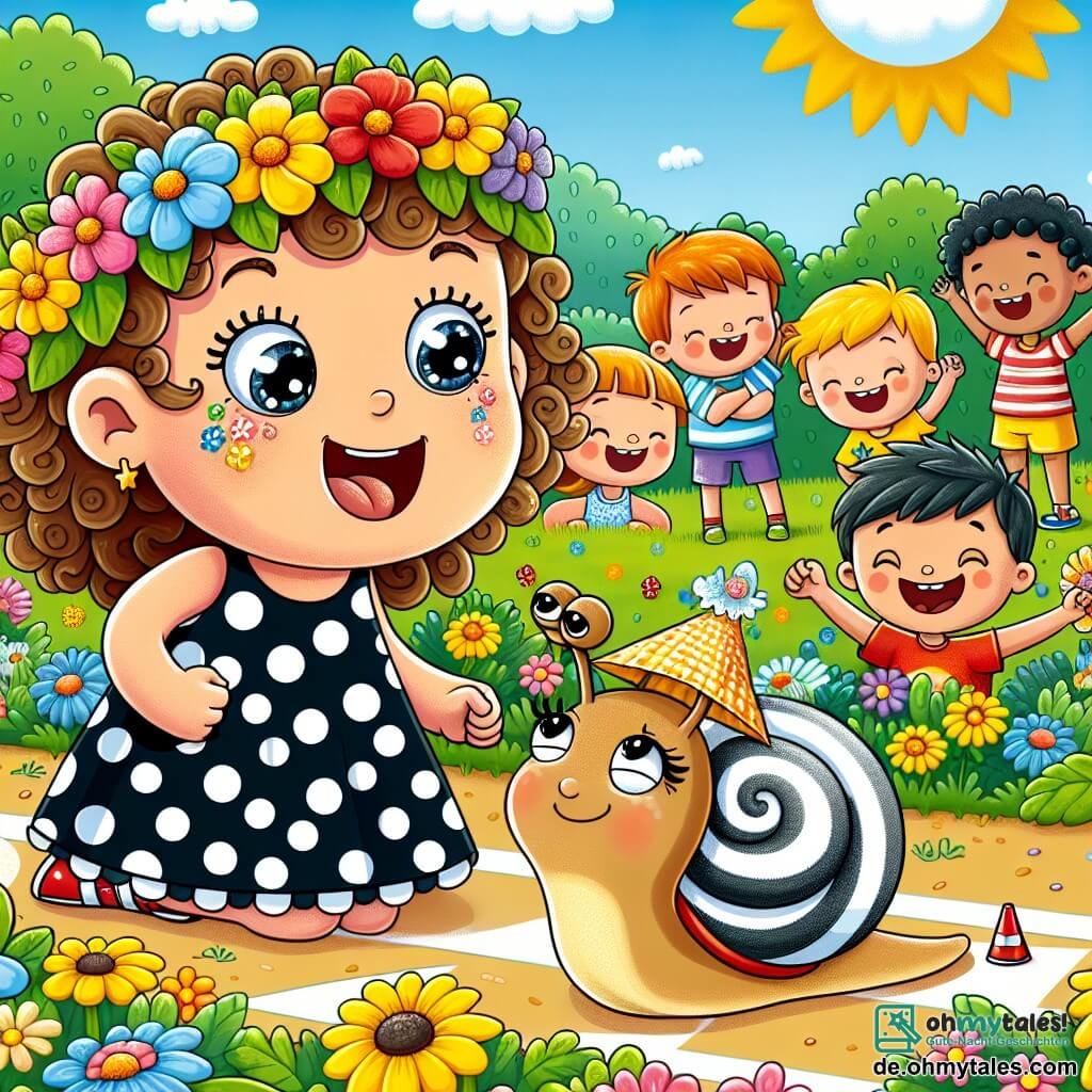 Une illustration sous forme de dessin destinée aux enfants représentant un jardin ensoleillé, rempli de fleurs colorées et de petits insectes joyeux, où une fille de 7 ans aux cheveux bouclés et aux yeux pétillants, vêtue d'une robe à pois, encourage sa petite escargot portant un chapeau en papier à participer à une course, tandis qu'en arrière-plan, d'autres enfants, garçons et filles, rient et soutiennent leurs propres escargots, créant une atmosphère de compétition amicale et d'excitation.