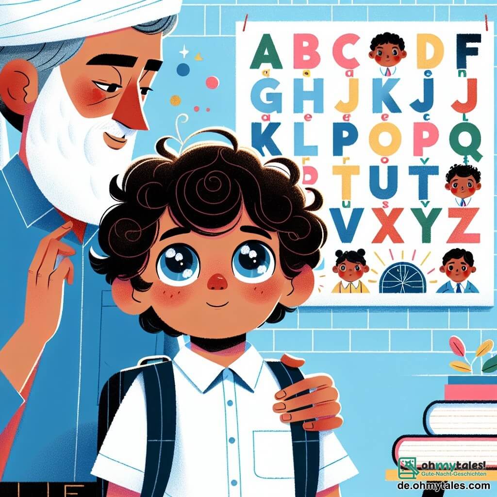 Une illustration destinée aux enfants représentant un petit garçon aux cheveux bouclés et aux grands yeux curieux, vivant son premier jour d'école avec son père, dans une école lumineuse et colorée avec un grand panneau d'alphabets accroché au mur.